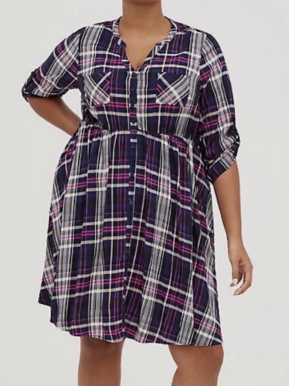 Torrid Shirt Dress Stretch Challis Plaid Pink & 
Purple size 2